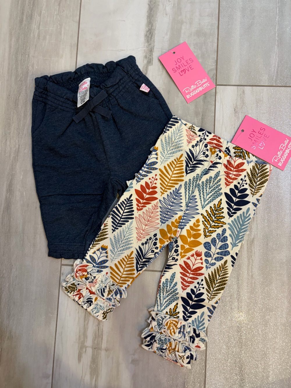 NWT Bundle RuffleButts Navy Joggers & Happy Harvest Printed Ruffle Leggings 0-3M